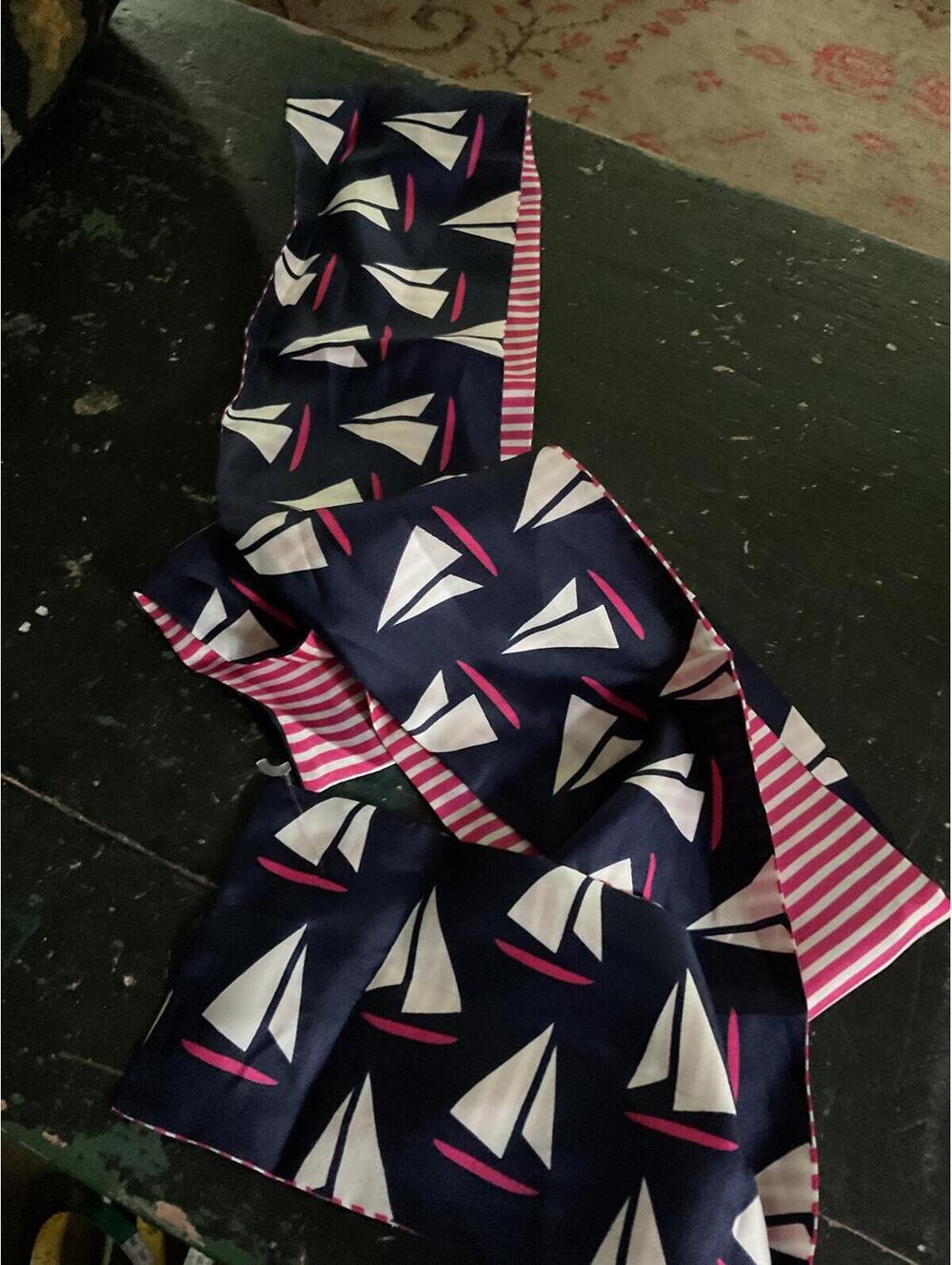 Navy Sailboat Print Silk Scarf, Belt,Headband/ Reversible Pink Striped Accent